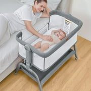 BabyBond Baby Bassinet, 3 in 1 Bassinet Bedside Sleeper with Washable Soft Mattress and Sheet, 6 Height Adjustable Easy Folding Bedside Crib, 4-Sided Mesh Bedside Bassinet for Baby,Gray