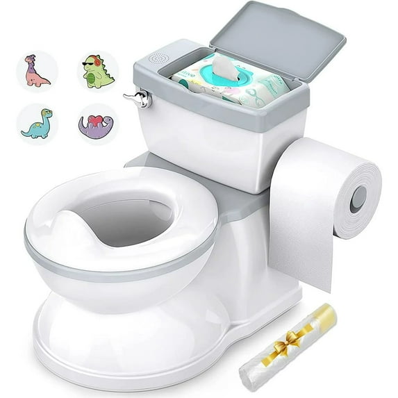 Babybond 2-in-1 Toddler Potty Training Toilet, with toilet paper holder and storage shelf, featuring flushing sound, suitable for 1-3 year old toddlers, white.