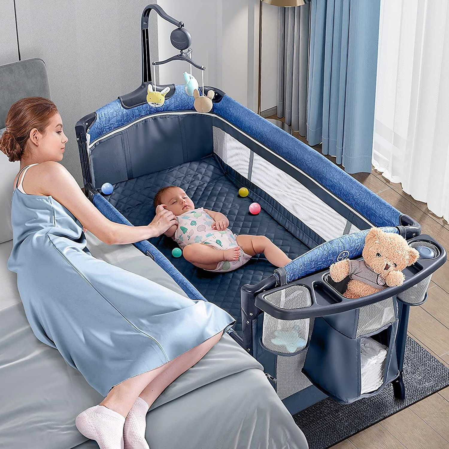 BabyBond Unisex Infant Flat Bedside Sleeper Bassinet, Diaper Changing Table with Wheels and Floding Frame For 0-36 months Baby (Blue)