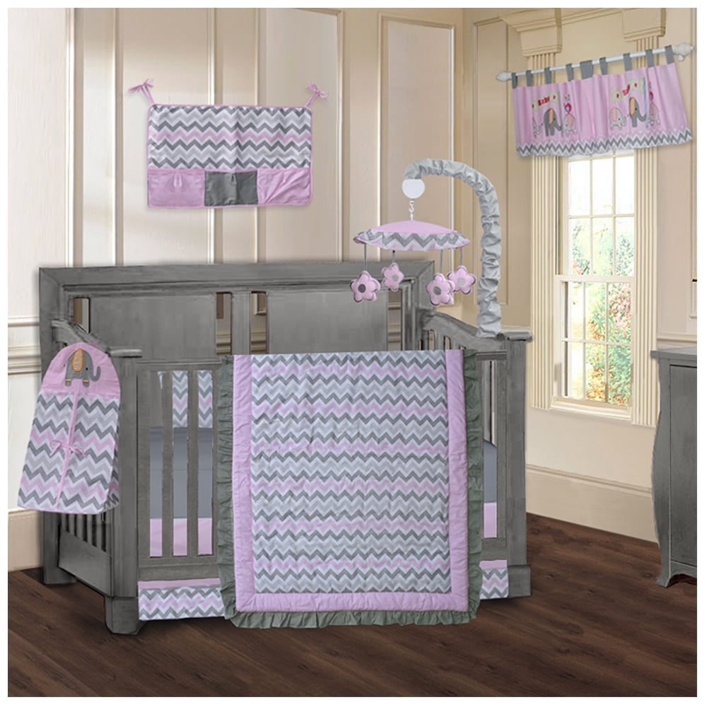 BabyFad Elephant Pink Chevron Nursery for Girl, 100 Cotton, Musical