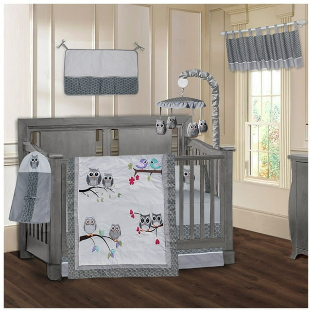 BabyFad  Owl Grey 9 Piece Crib Bedding Set Grey - Bird