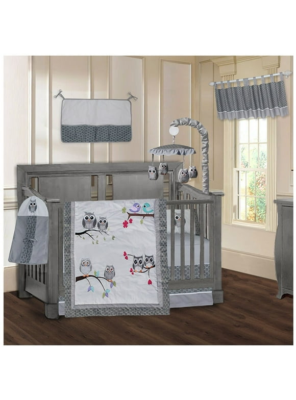 BabyFad  Owl Grey 9 Piece Crib Bedding Set Grey - Bird