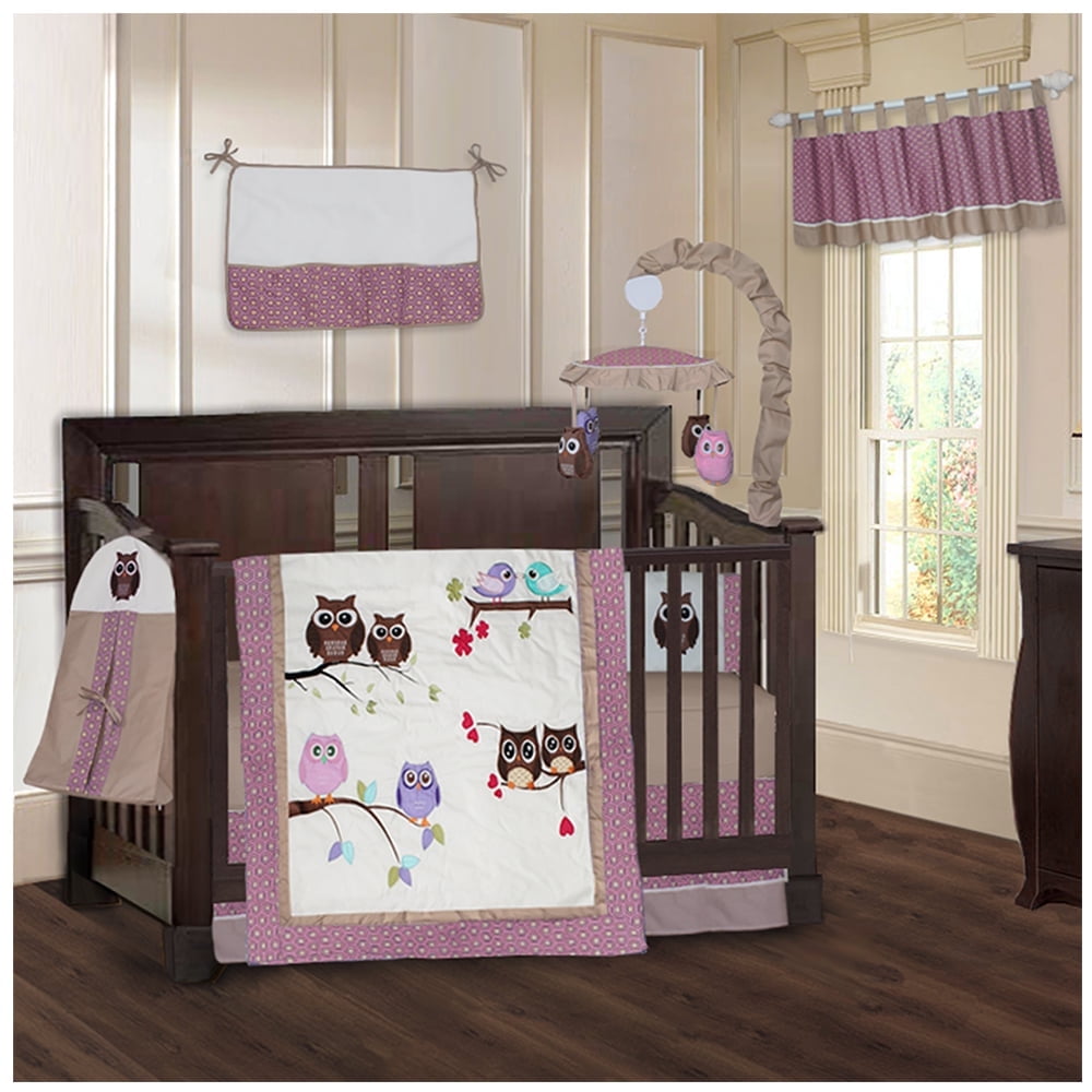 BabyFad Owl Pink 9 Piece Nursery Girl Room Crib Bedding Set