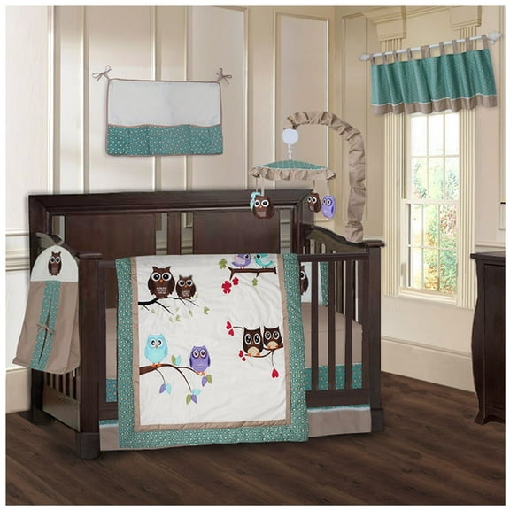 BabyFad Owl Turquoise 9 Piece Crib Bedding Set