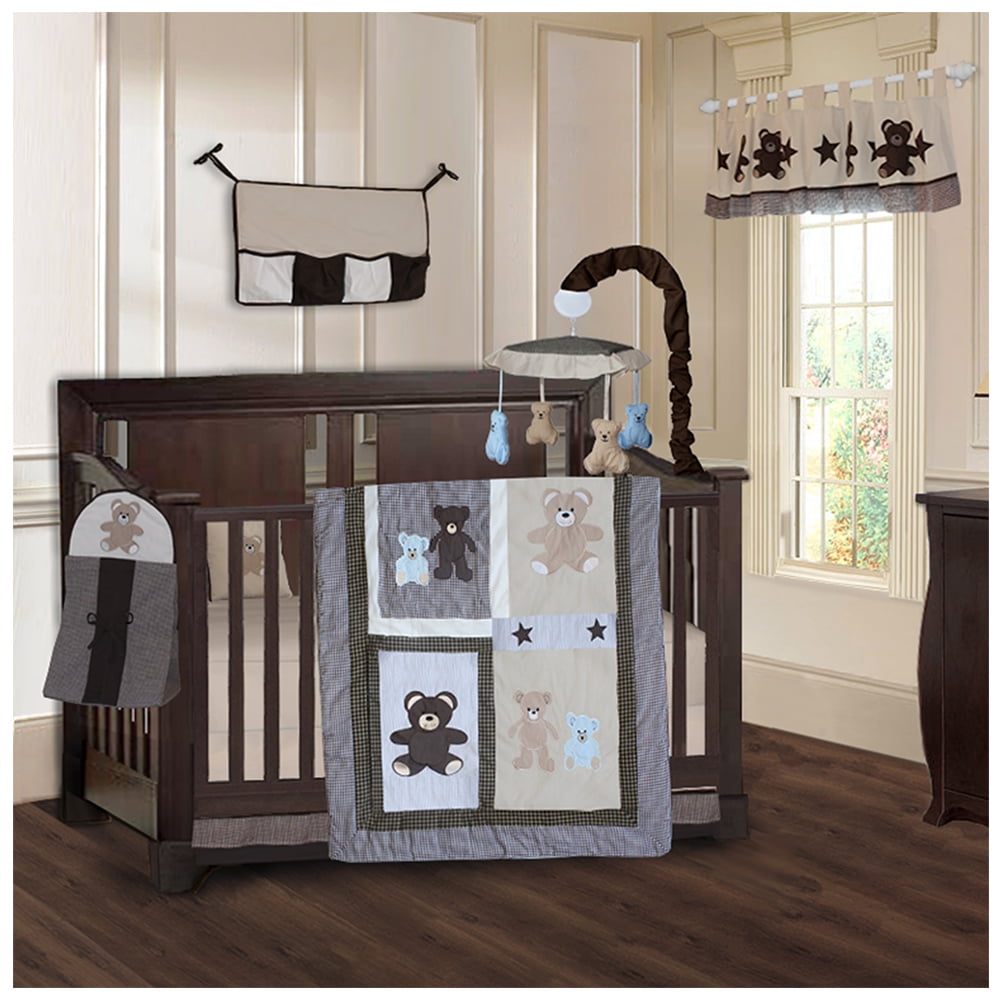 BabyFad Teddy Bear Brown Blue 9 Piece Crib Bedding Set Walmart
