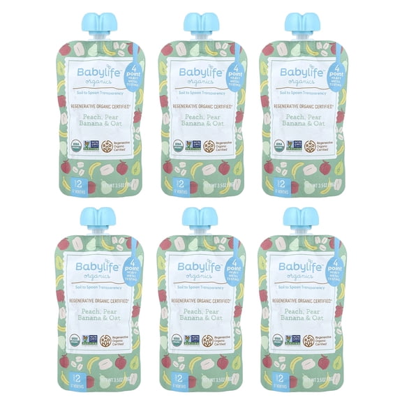 BabyLife Organics Baby Food, 6+ Months, Peach, Pear, Banana & Oat, 6 Pouches, 3.5 oz (99 g) Each