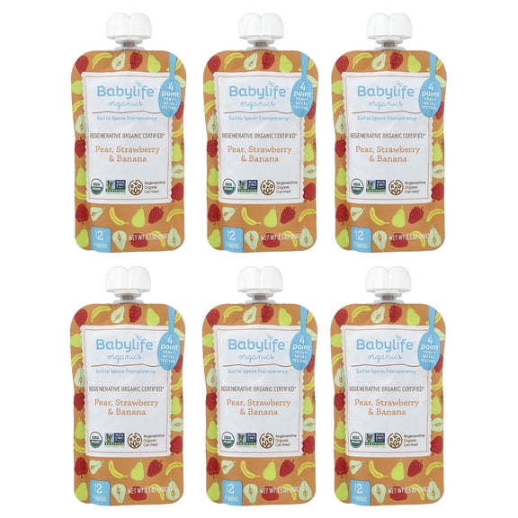 BabyLife Organics Baby Food, 6+ Months, Pear, Strawberry & Banana, 6 Pouches, 3.5 oz (99 g) Each