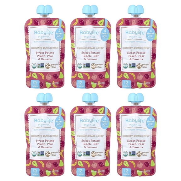 BabyLife Organics Baby Food, 6+ Months, Sweet Potato, Peach, Pear & Banana, 6 Pouches, 3.5 oz (99 g) Each