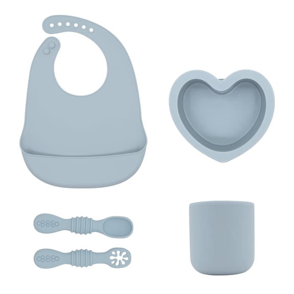 BabyX Silicone Baby Starter Kit, 5 Pieces First Feeding Set, Including Training Spoon, Fork, Cup, Bib and Heart Shaped Bowl (Blue), BPA-Free, Baby Utensils Supplies, Microwave/Dishwasher Safe