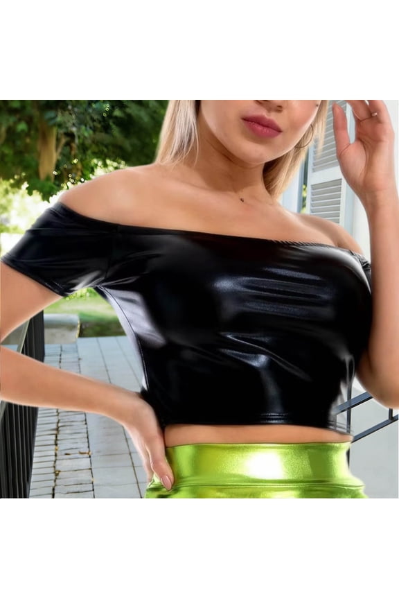 Women's Metallic Faux Leather Off-the-Shoulder Crop Top, Short Sleeve Party Blouse for Club and Night Out