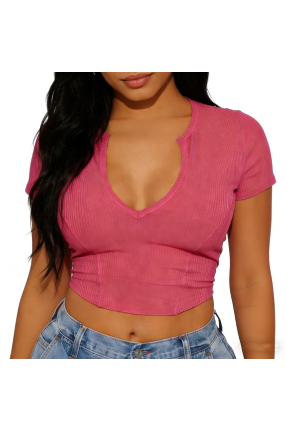 Women's Notched V-Neck Ribbed Crop Top, Short Sleeve Slim Fit Cropped Tee for Summer and Night Out