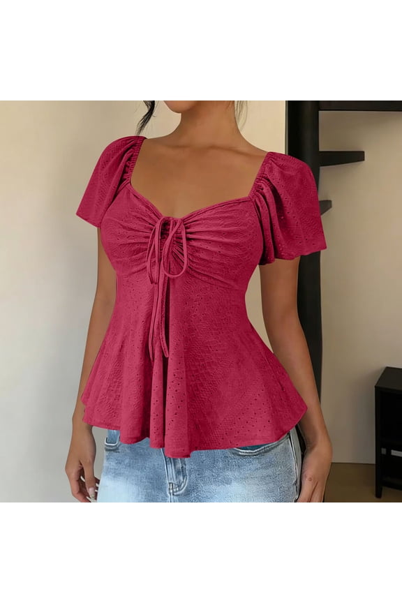 Women's Sweetheart Neck Ruched Drawstring Blouse, Short Puff Sleeve Eyelet Peplum Top, 93% Polyester 7% Spandex Casual Shirt for Spring and Summer