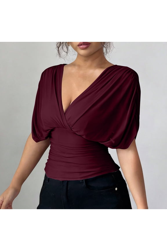 Women's V-Neck Batwing Sleeve Ruched Crop Top, Solid Color Fitted Blouse for Party and Night Out