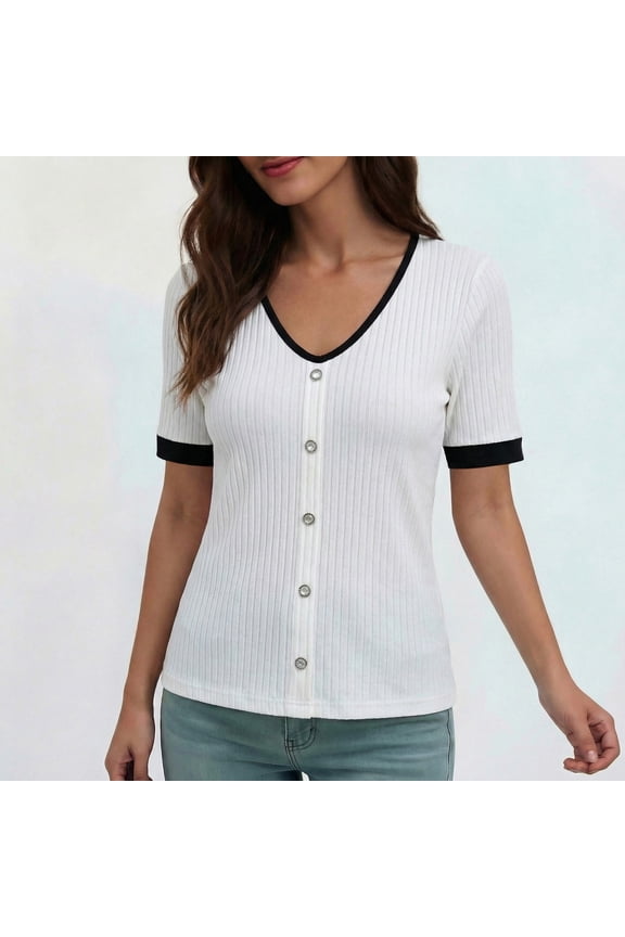 Women's V-Neck Button Front Short Sleeve T-Shirt, Ribbed Knit Contrast Trim Casual Tops for Summer