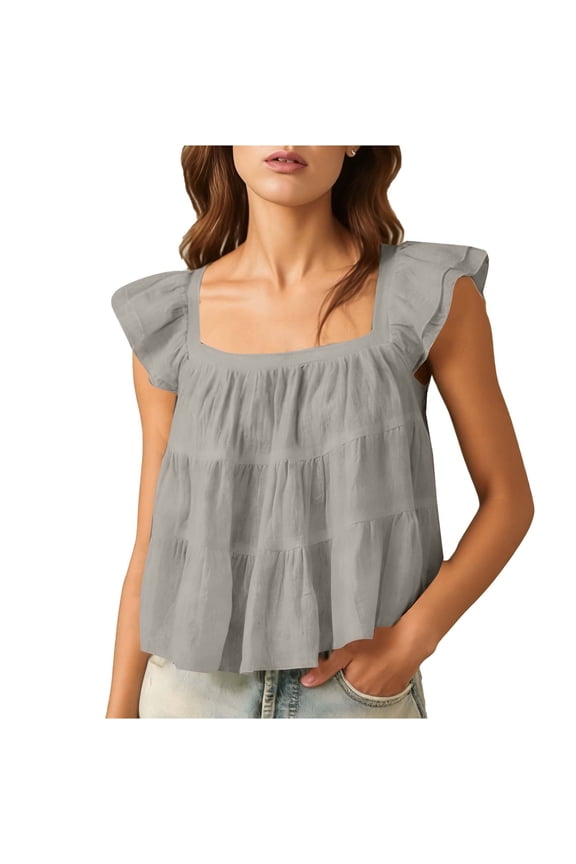 Babydoll Crop Tops Women Fly Sleeve Linen Tank Blouse Ruffle Tiered Square Neck Cute Summer Sleeveless Tee Shirts (2XL, Gray)