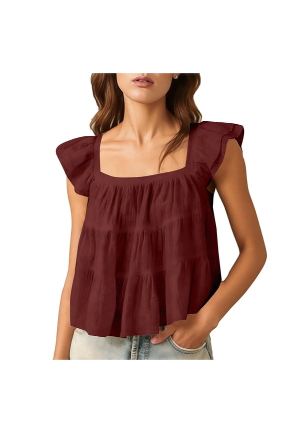 Babydoll Crop Tops Women Fly Sleeve Linen Tank Blouse Ruffle Tiered Square Neck Cute Summer Sleeveless Tee Shirts (M, Wine)