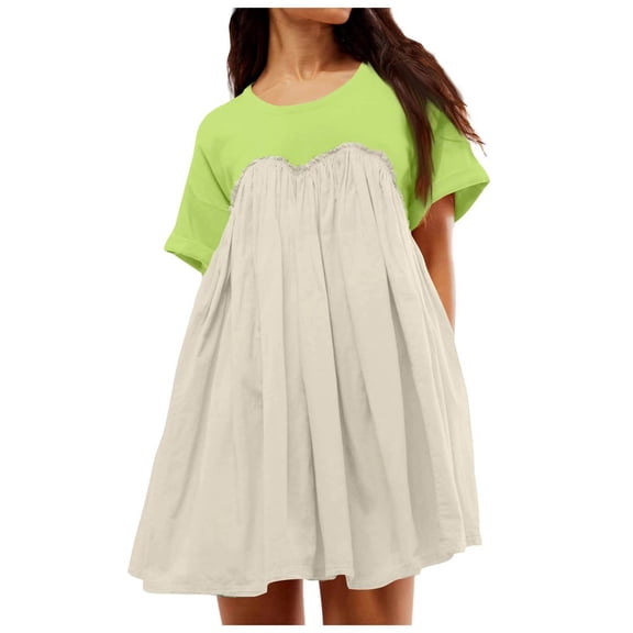 Dress for Women Summer Pleated Mini Dress Crew Neck Short Sleeve Tunic Dress with Pockets