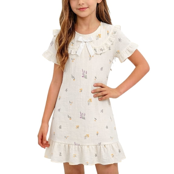Babydoll Dresses for Girls Pajamas Ruffle Hem Cotton Nightgown Funny Printed Short Sleeve Summer Sleepwear Beige, 8 Years