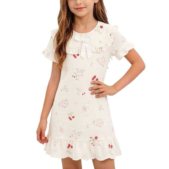 Babydoll Dresses for Girls Pajamas Ruffle Hem Cotton Nightgown Funny Printed Short Sleeve Summer Sleepwear Watermelon Red, 10 Years