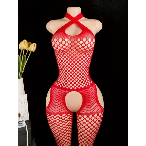 Babydoll Lingerie for Women Lace Bodystocking Cut Out halterneck Sheer Mesh Fishnet Crotchless Lingerie Sexy Bodysuit