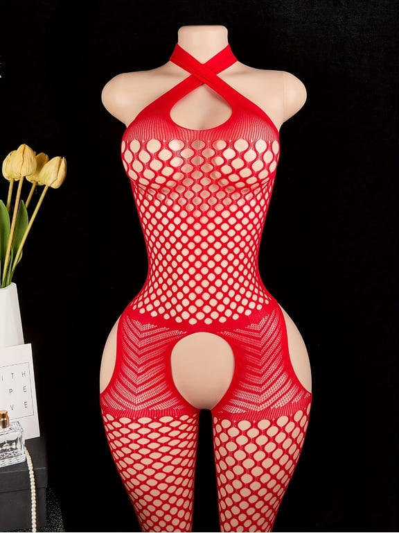 Babydoll Lingerie for Women Lace Bodystocking Cut Out halterneck Sheer Mesh Fishnet Crotchless Lingerie Sexy Bodysuit