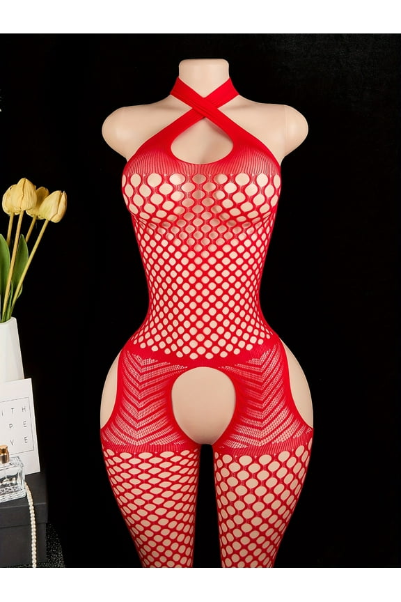 Babydoll Lingerie for Women Lace Bodystocking Cut Out halterneck Sheer Mesh Fishnet Crotchless Lingerie Sexy Bodysuit