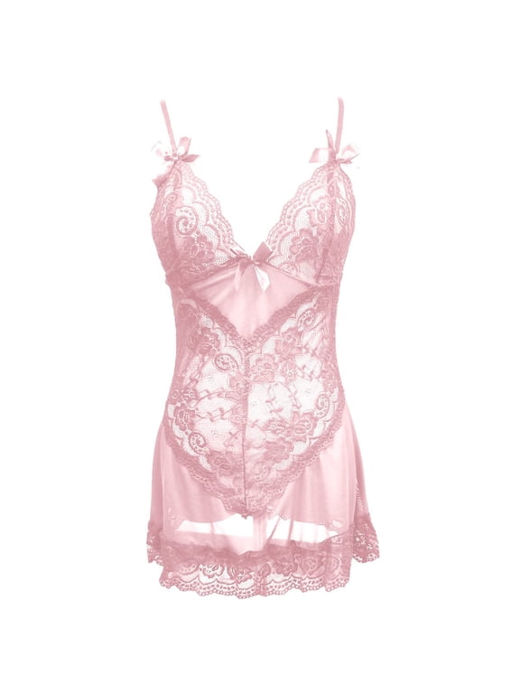 Babydoll Lingerie for Women Lace Bodysuit With Panty Sheer Bow Floral Womens Nightgown