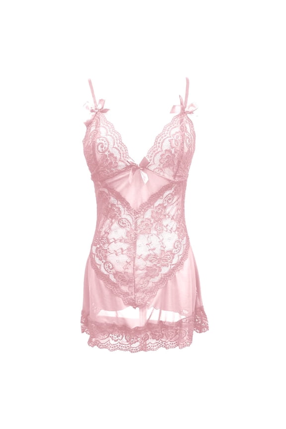 Babydoll Lingerie for Women Lace Bodysuit With Panty Sheer Bow Floral Womens Nightgown