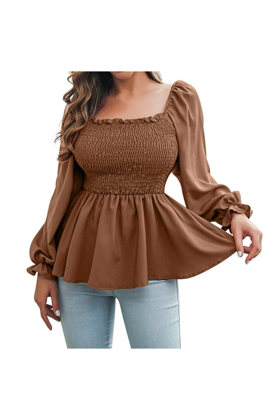 Babydoll Long Sleeve Tops For Women Smocked Puff Sleeve Suit Top Square Neck Pullover Blouses Trendy Long Sleeve Shirts For Women Vestidos Largos De Verano Para Mujer