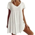 thumbnail image 1 of Babydoll Sundresses for Women Solid Color V Neck Tshirt Pleated Dress Loose Fitting Flowy Dresses Knee Length, 1 of 7