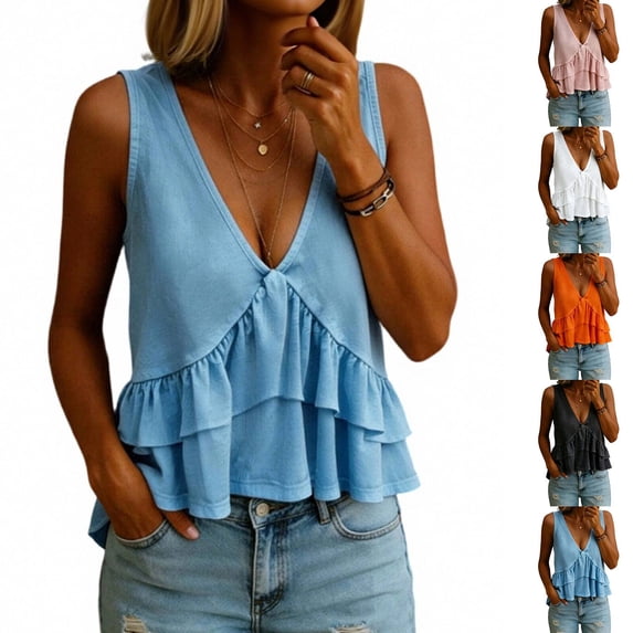 Babydoll Tank Tops Womens Deep V Neck Sleeveless Ruffle Peplum Flowy Blouse Cute Summer Dressy Casual Cute Going Out Top for Women Cotton Linen Light Blue S