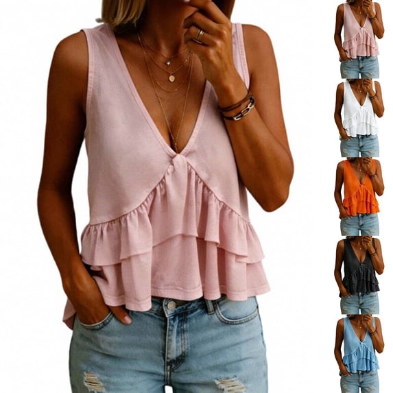 Babydoll Tank Tops Womens Deep V Neck Sleeveless Ruffle Peplum Flowy Blouse Cute Summer Dressy Casual Cute Going Out Top for Women Cotton Linen Pink S