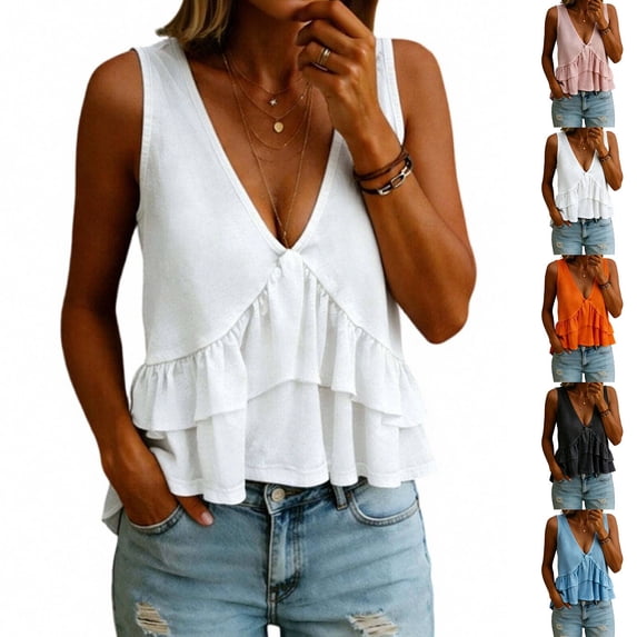 Babydoll Tank Tops Womens Deep V Neck Sleeveless Ruffle Peplum Flowy Blouse Cute Summer Dressy Casual Cute Going Out Top for Women Cotton Linen White M