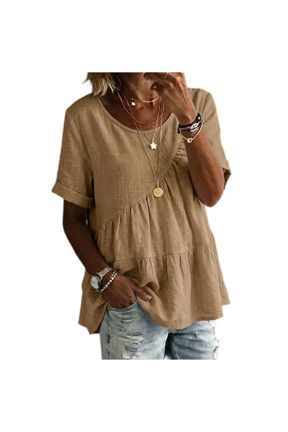 Babydoll Tops for Women Crewneck Short Sleeve Shirts Top Loose Fit Flowy Summer Blouse Camel 2XL