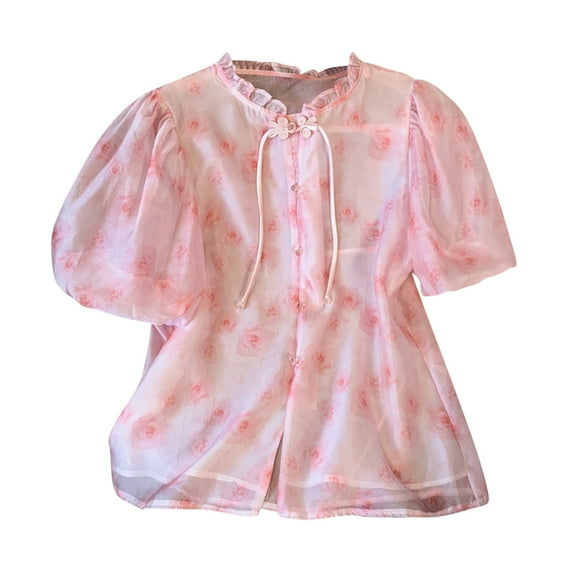 Babydoll Tops for Women Floral Print Summer Fall Trendy Puff Sleeve Round Neck Shirts Tie Button Down Round Neck Casul Blouses,Pink,M