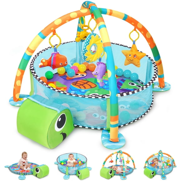 Babyeap 3-in-1 Baby Gym and Play Mat, Baby Activity with Ocean Ball Sensory Toys, 0-36 Months