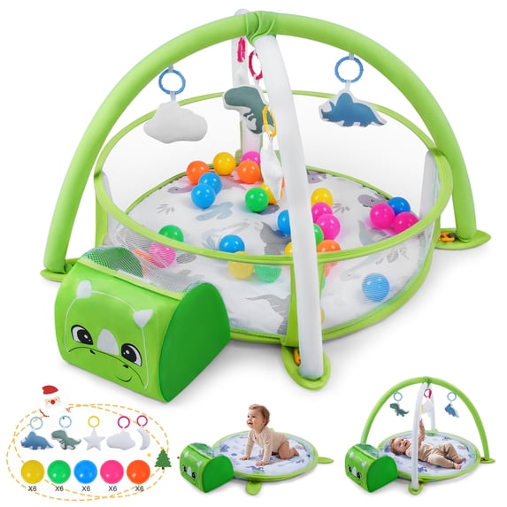 Babyeap Baby Play Gym Mat,Baby Play Activity Mat with 5 Detachable Toys and 30Ocean Ball,Newborn Infant Baby Essentials Gift,Green