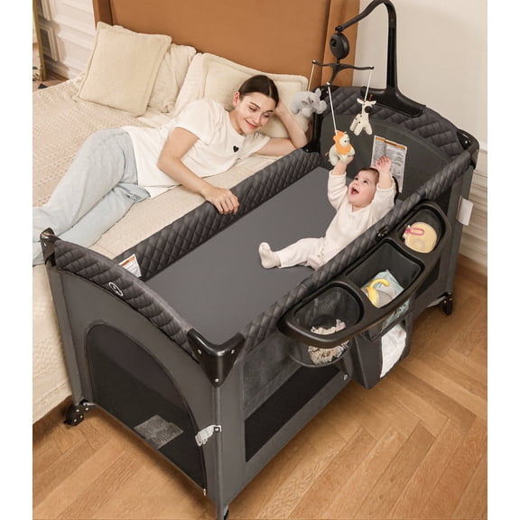 Babyeap 5-in-1 Baby Bassinet with Playard Mode & Changing Table,Bedside Sleeper for Newborns and Infants,Gray