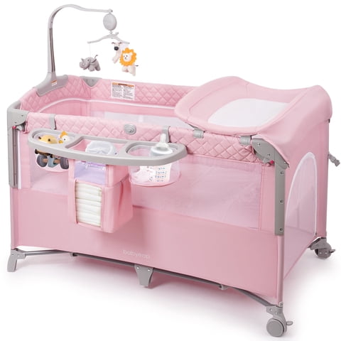 Babyeap 5-in-1 Baby Bassinet with Playard Mode & Changing Table,Bedside Sleeper for Newborns and Infants,Pink