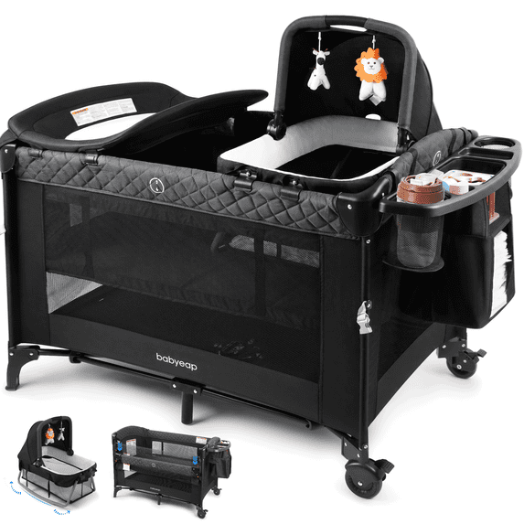 Babyeap 7-in-1 Baby Bassinet with Playard and Bedside Sleeper, Changing Table, Toy Bar, Extra Large Storage Bag, Travel Crib for Newborns and Infants, Black