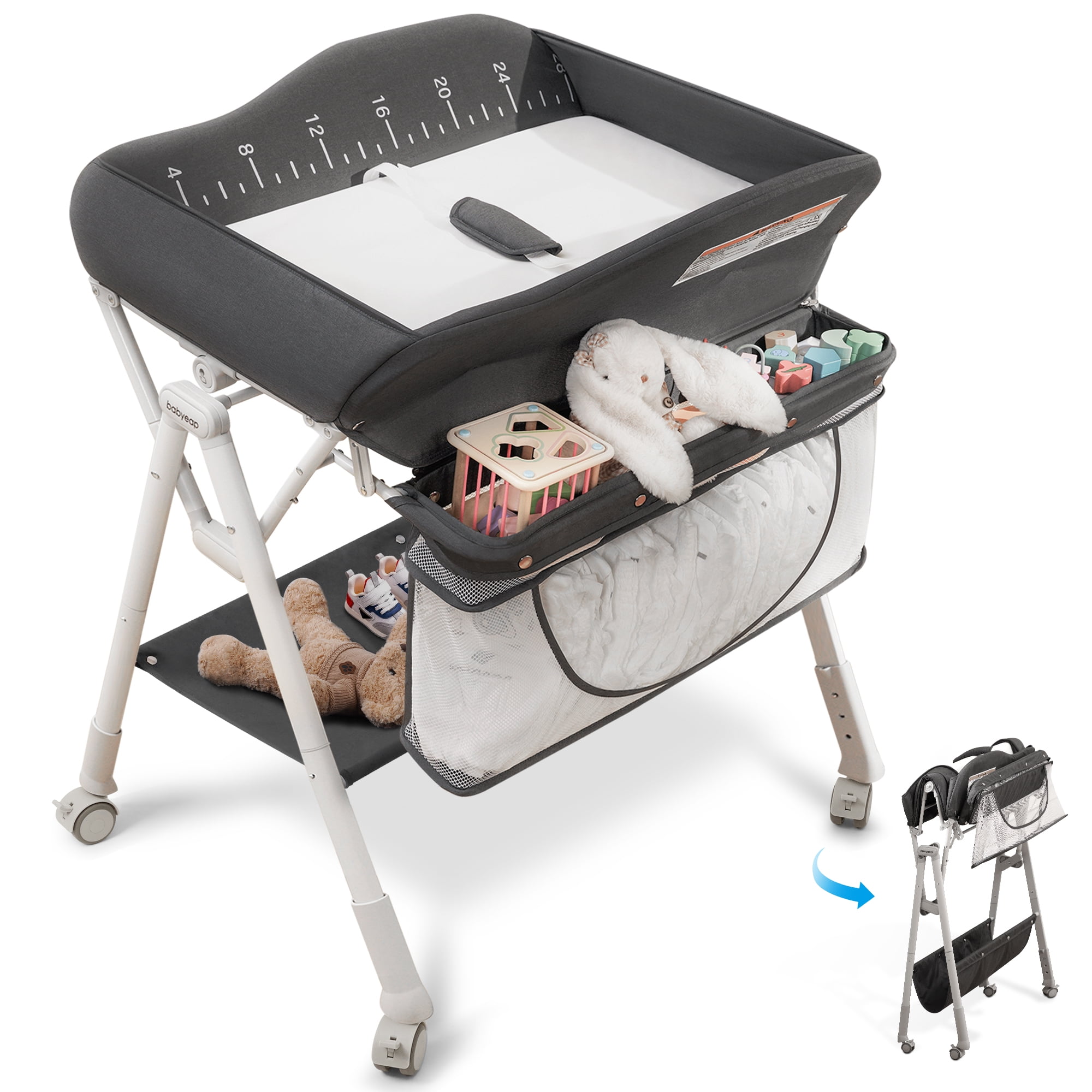 Babyeap Baby Changing Table with Wheels, Portable Foldable Diaper Changing Station with Adjustable Height & Waterproof Pad, Nursery Organizer Storage for Newborn & Infant