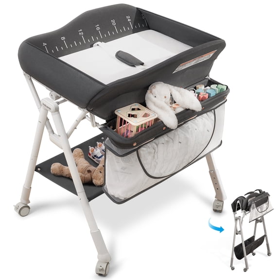 Babyeap Baby Changing Table with Wheels, Portable Foldable Diaper Changing Station with Adjustable Height & Waterproof Pad, Nursery Organizer Storage for Newborn & Infant