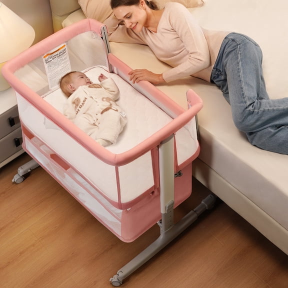 Babyeap 3in1 Baby Bassinet Bedside Sleeper, Rocking Bassinet for Newborn, with Large Storage Basket, Pink