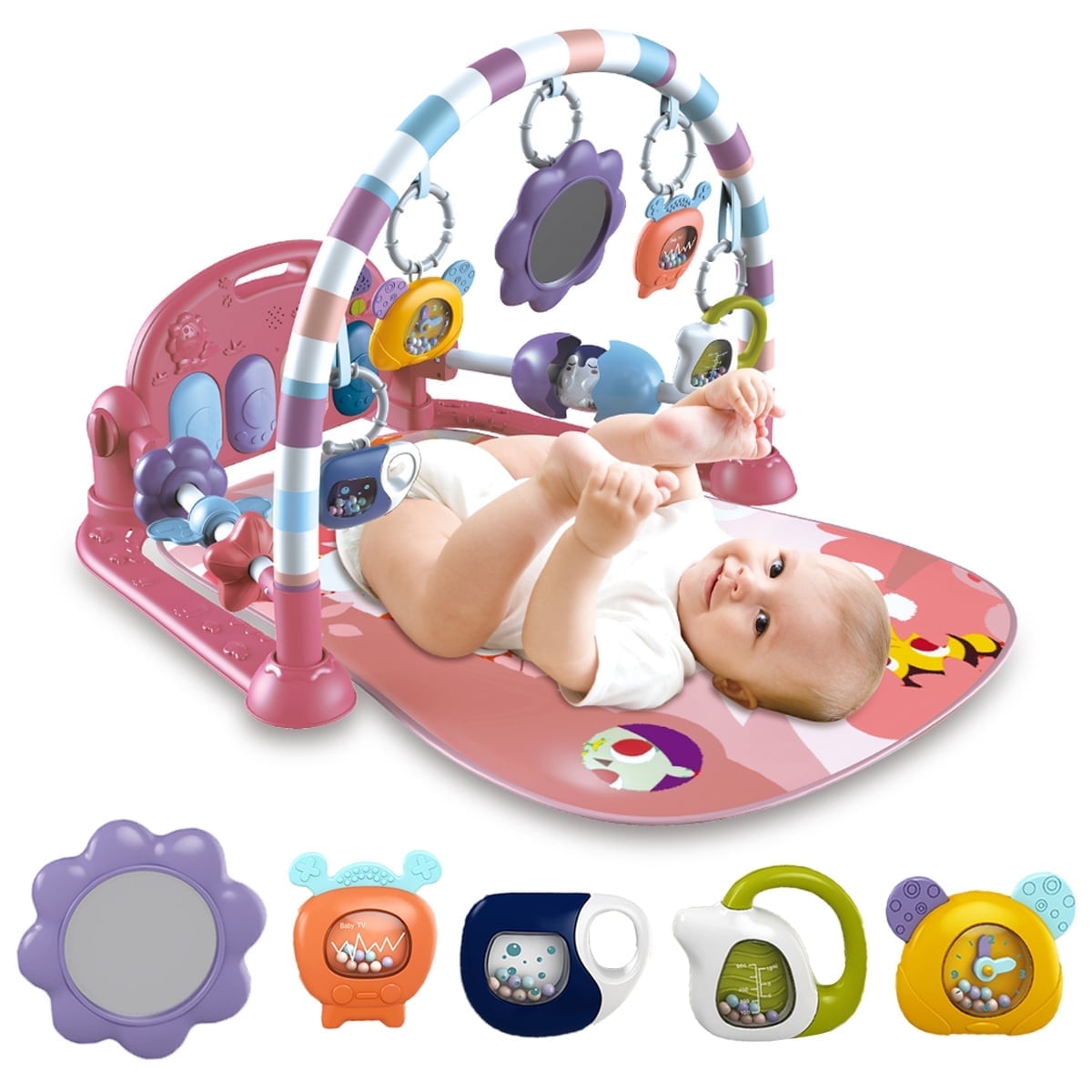 Babyeap Baby Gym Play Mat 3 in 1 Fitness Rack with Music and Lights Fun Piano Baby Activity Center,Pink