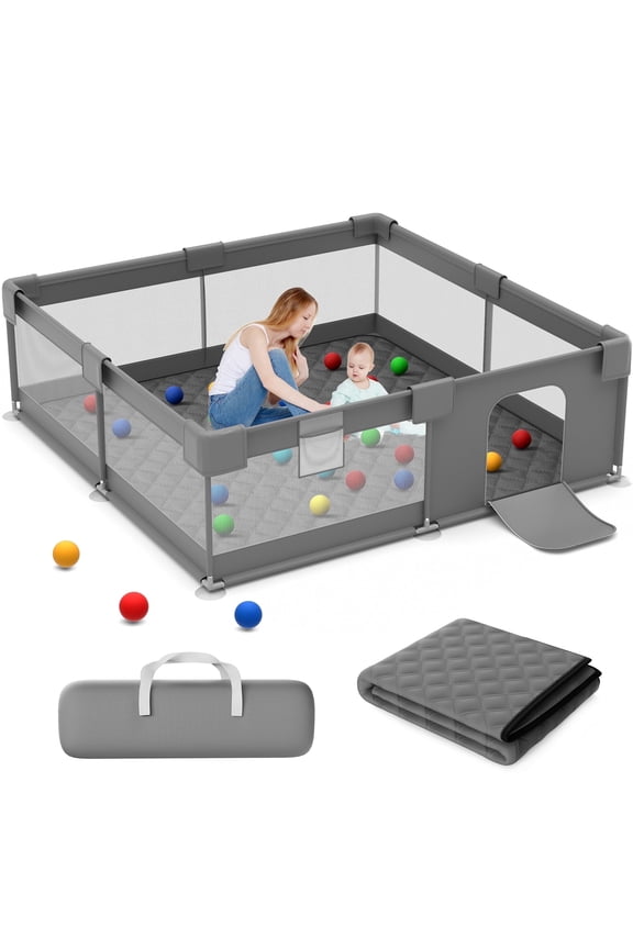 Baby Playpen With Mat,50"x50"Play Pen for Babies and Toddlers,Play Yard With Gate for Indoor Outdoor,Dark Gray