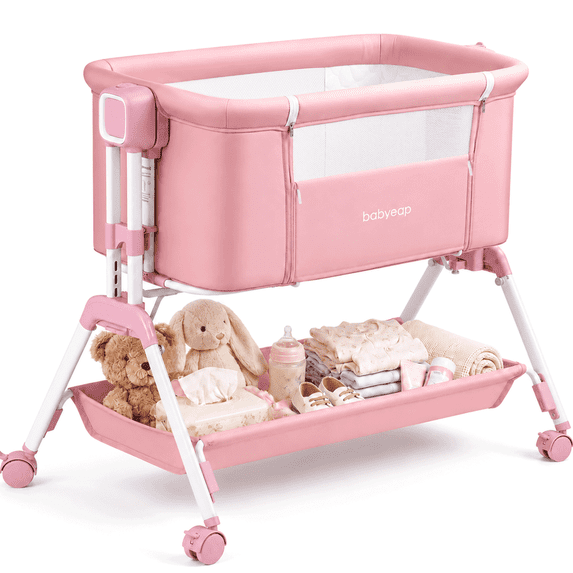 Babyeap 3-in-1 Baby Bassinet, Adjustable Bedside Sleeper with Gentle Rocking Motion, Storage Basket and Wheels for Infants, Pink