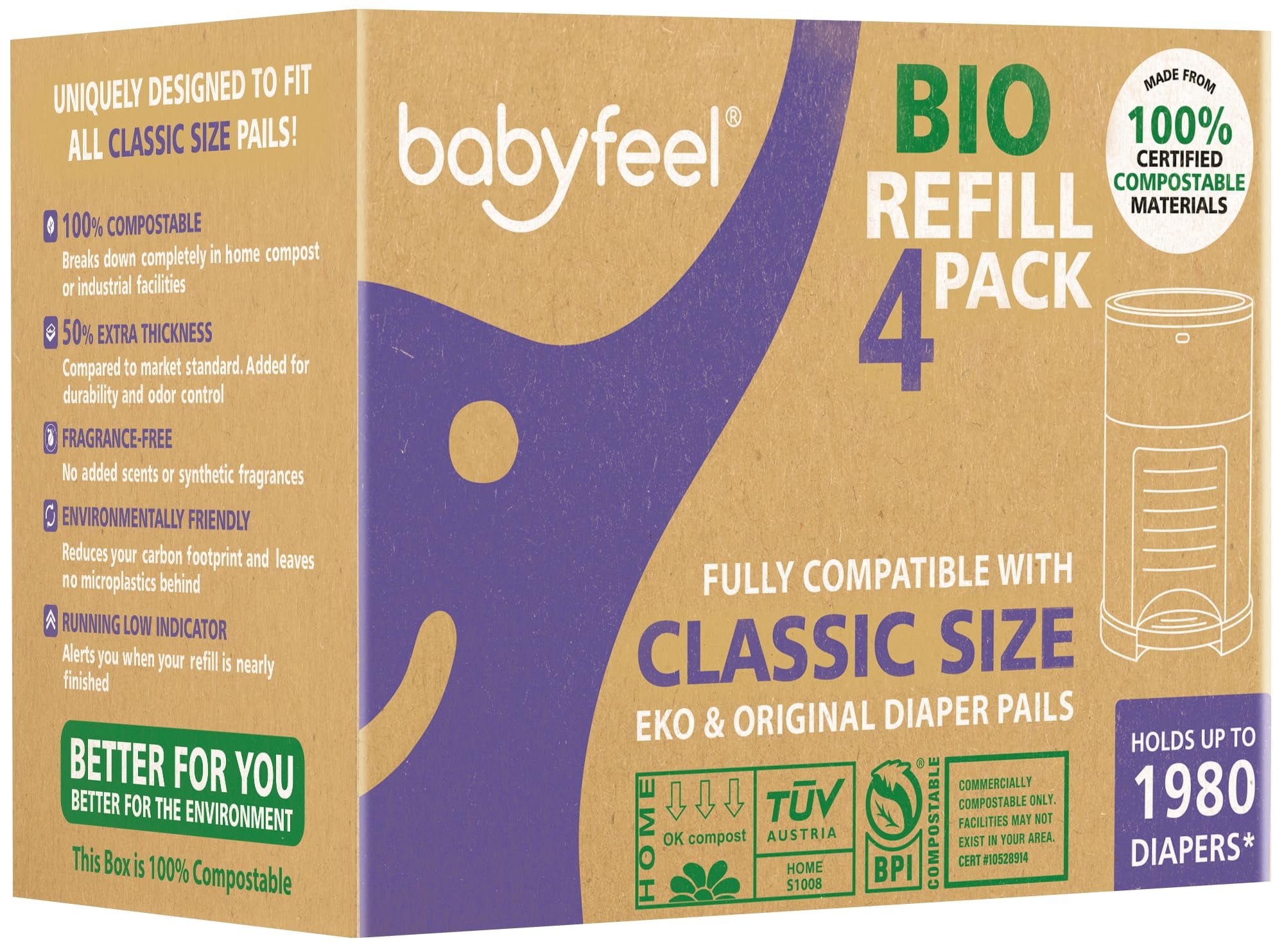 Babyfeel BIO Refills Compatible with DEKOR CLASSIC Diaper Pails | 100% Compostable |4 Pack |50% Extra Thickness |Compost Refill bags with Running Low Indicator |Powerful Odor Control | Fragrance-free