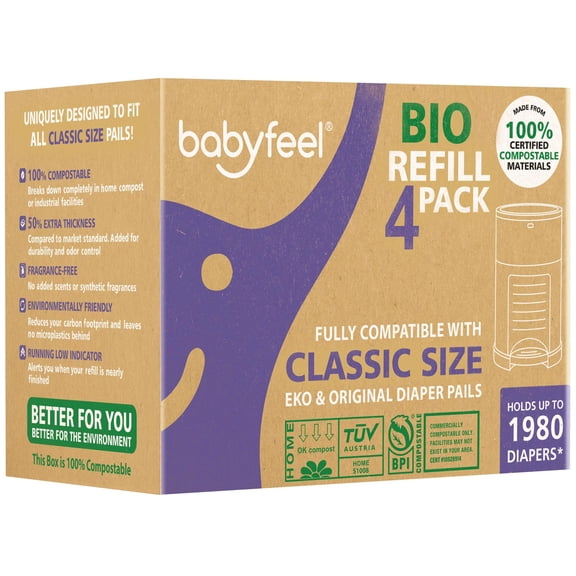 Babyfeel BIO Refills Compatible with DEKOR CLASSIC Diaper Pails | 100% Compostable |4 Pack |50% Extra Thickness |Compost Refill bags with Running Low Indicator |Powerful Odor Control | Fragrance-free