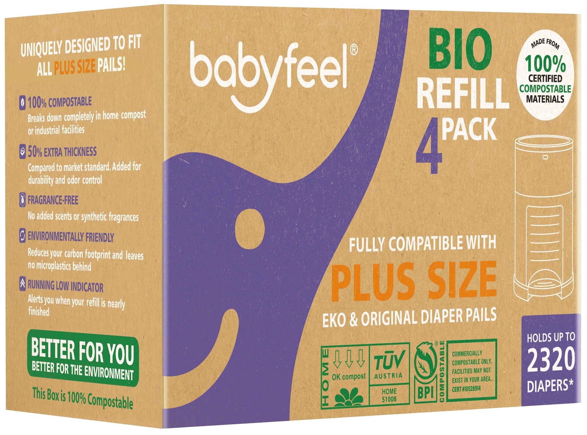 Babyfeel BIO Refills Compatible with DEKOR PLUS Diaper Pails | 100% Compostable | 4 Pack | 50% Extra Thickness |Compost Refill bags with Running Low Indicator | Powerful Odor Control | Fragrance-free