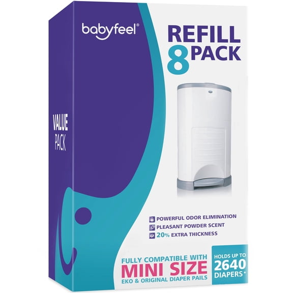 Babyfeel Refills Compatible with DEKOR MINI Diaper Pails | 8 Pack | Exclusive 20% Extra Thickness | Diaper Pail Refills with Powerful Odor Elimination | Powder Scent | Holds up to 2640 Diapers